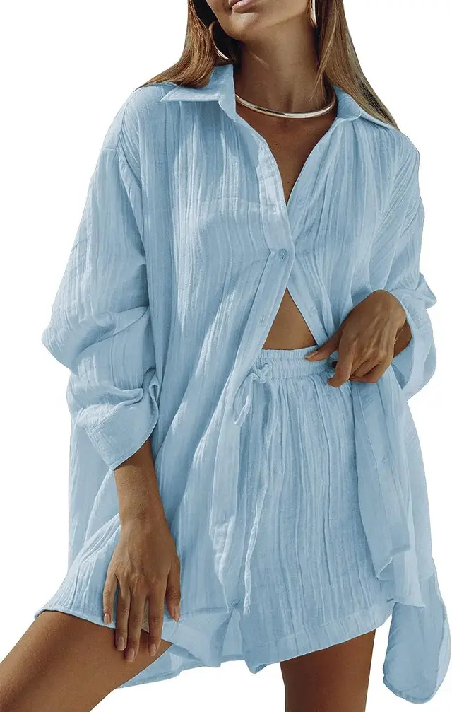 Women's Casual Long sleeve Shirt And Shorts Set Sky Blue - Shop at LoveMi