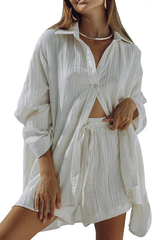 Women's Casual Long sleeve Shirt And Shorts Set White - Shop at LoveMi
