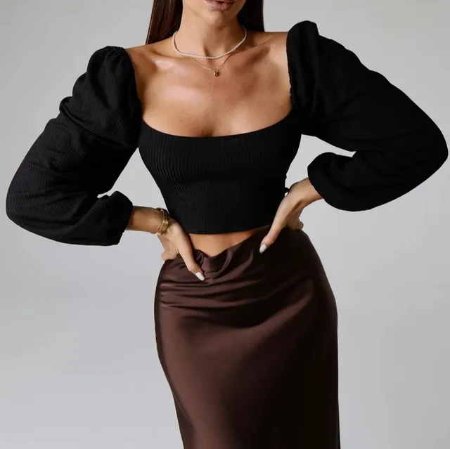 Temperament Ribbed Drawstring Lantern Sleeve Tight Fashion Top Backless Sexy Black - Shop at LoveMi