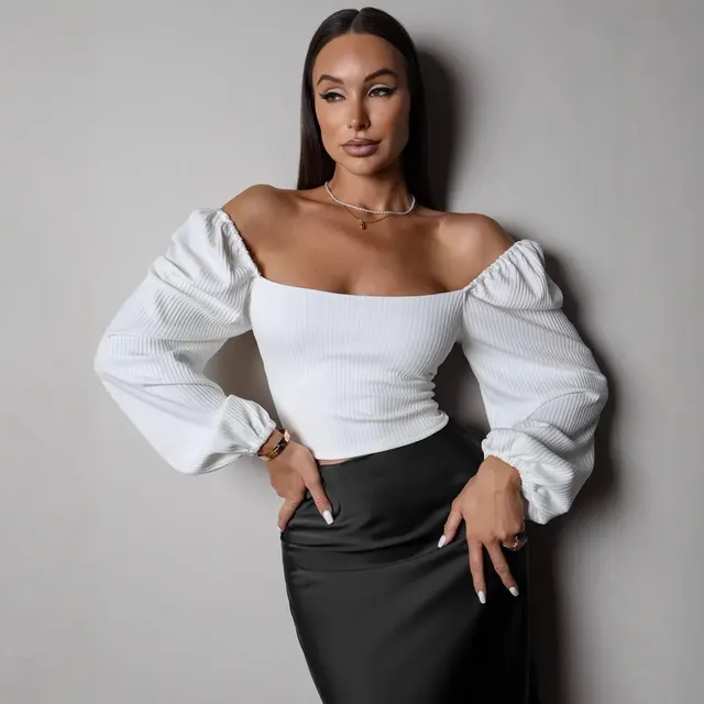 Temperament Ribbed Drawstring Lantern Sleeve Tight Fashion Top Backless Sexy White - Shop at LoveMi