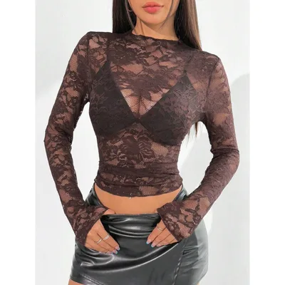 Women's Lace Elastic Peony Print Sheer Sexy Top Brown - Shop at LoveMi