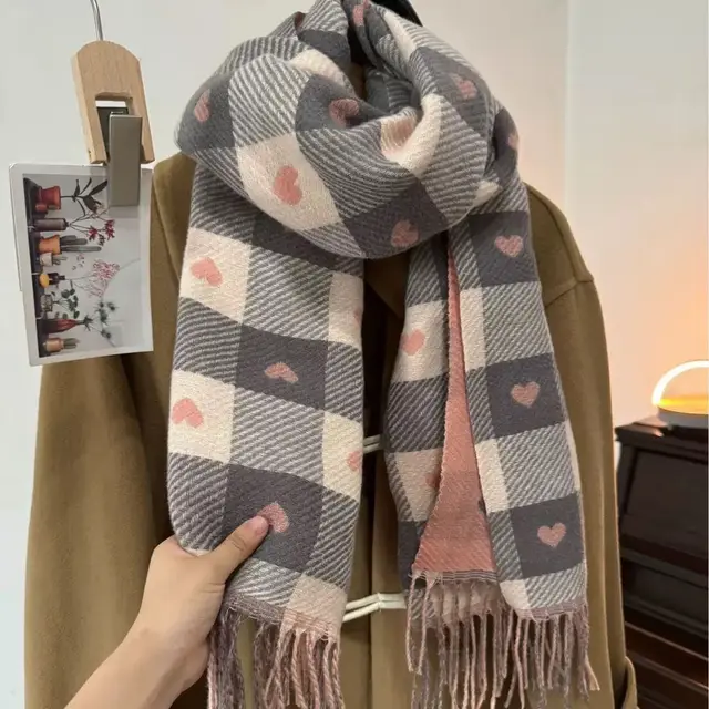 Cashmere like Love Plaid Scarf Thickened Warm Shawl Heart Plaid Pink - Shop at LoveMi