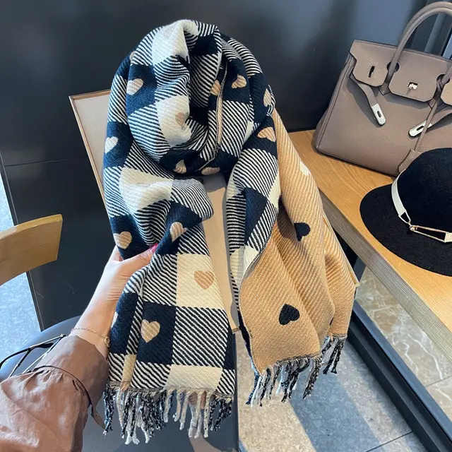 Cashmere like Love Plaid Scarf Thickened Warm Shawl Love Plaid Black Rice - Shop at LoveMi