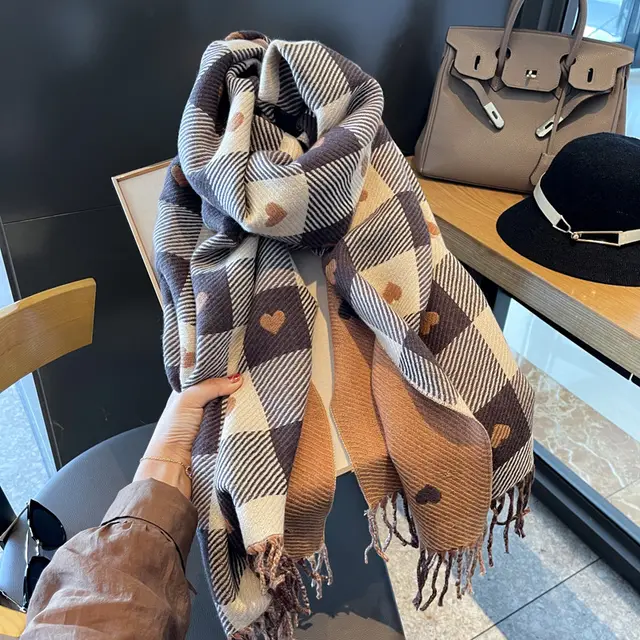 Cashmere like Love Plaid Scarf Thickened Warm Shawl Love Plaid Brown - Shop at LoveMi