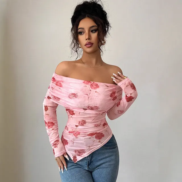 One shoulder Slim Fit Slimming Ruffled Hem Irregular Versatile Printed Top Pink - Shop at LoveMi