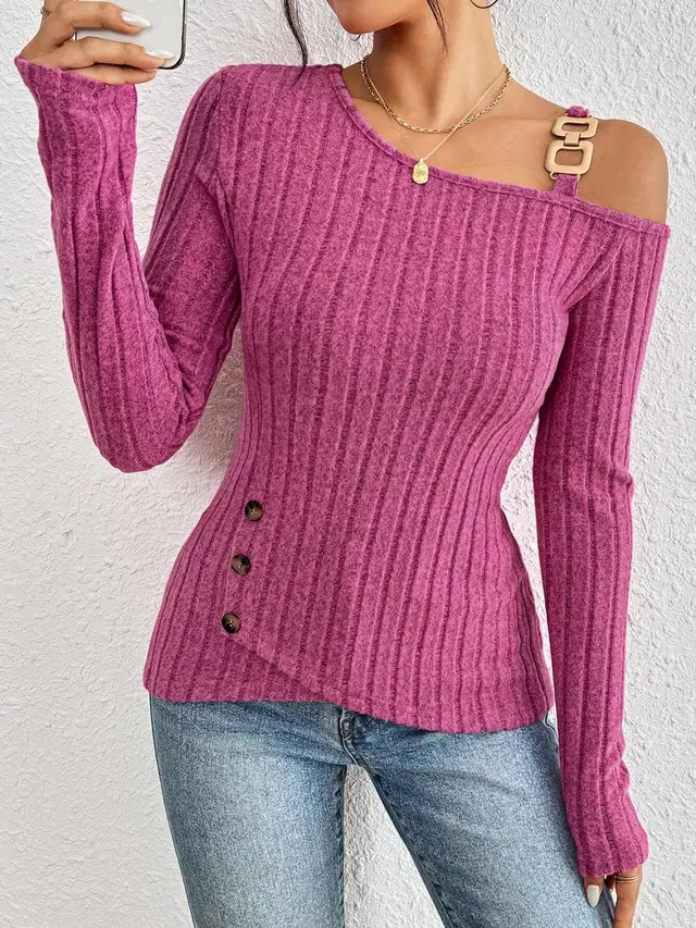 Women's Solid Color Casual Off Shoulder Asymmetric Hem T Shirt Top Rose Red - Shop at LoveMi