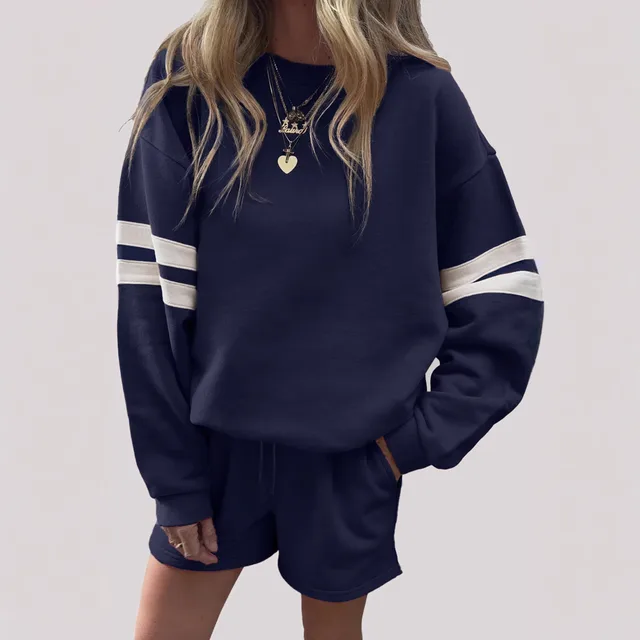 European And American Casual Loose Round Neck Sweatshirt And Shorts Two piece Set Navy Blue - Shop at LoveMi
