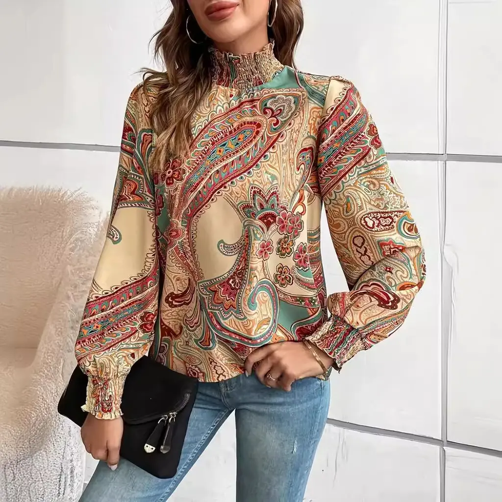 Printed High-neck Gathered Long-sleeve Women's Blouse - Color