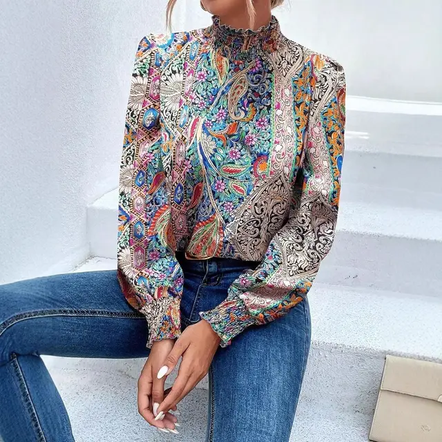 Printed High neck Gathered Long sleeve Women's Blouse Floral 3 - Shop at LoveMi