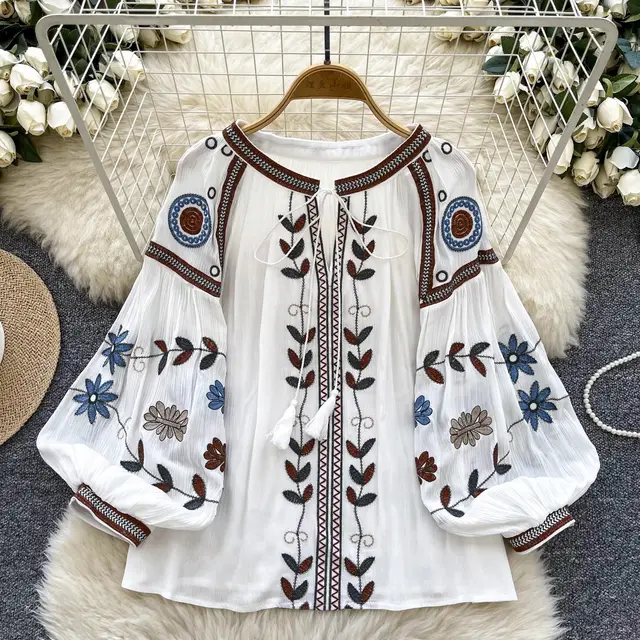 Round Neck Tie Lantern Sleeve Women's Autumn New Loose Shirt White - Shop at LoveMi