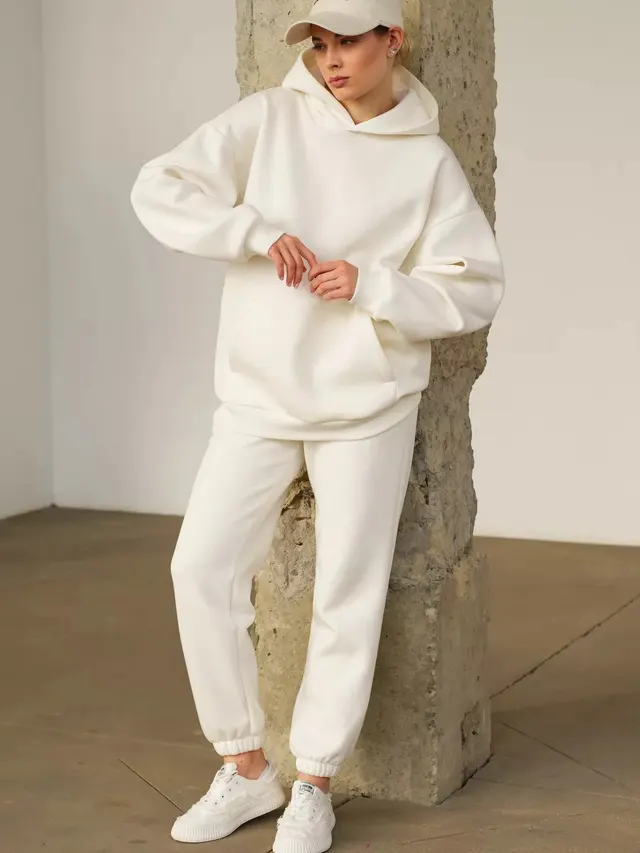 Casual Fleece lined Hooded Sweatshirt And Pants Two piece Set White - Shop at LoveMi