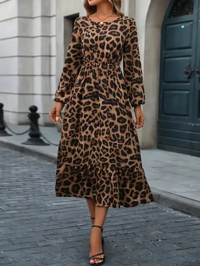 Elegant Leopard Print Lantern Sleeve Ruffled A line Midi Dress Leopard - Shop at LoveMi