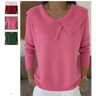 Women's Solid Color Casual V neck Long Sleeved Sweater Rose - Shop at LoveMi