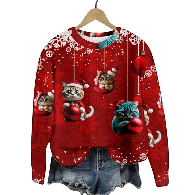 Christmas Cat Hat Snowflake Print Women's Round Neck Sweatshirt Sh1001208202 - Shop at LoveMi