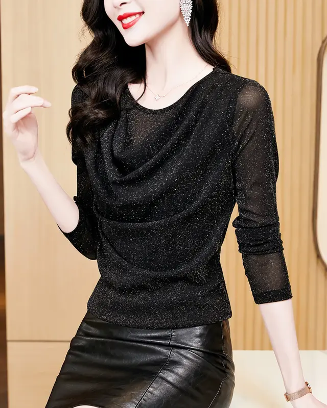 Round Neck Shiny Silk Long Sleeve Pullover Elegant Top Black - Shop at LoveMi