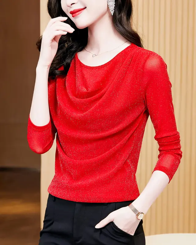 Round Neck Shiny Silk Long Sleeve Pullover Elegant Top Red - Shop at LoveMi