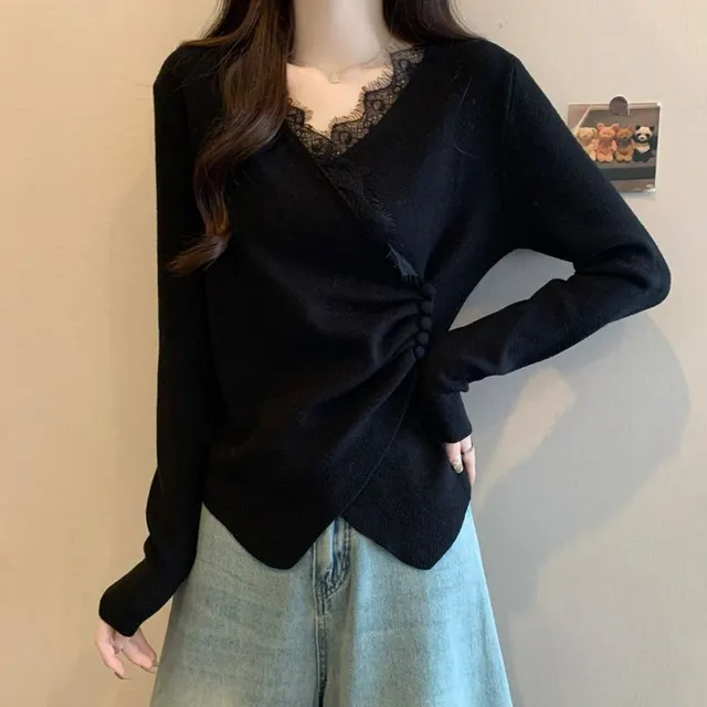 Irregular Cross feel Lace Spliced V neck Long Sleeve T shirt Black - Shop at LoveMi
