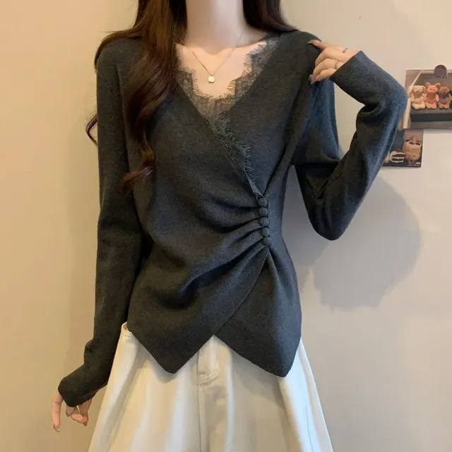 Irregular Cross feel Lace Spliced V neck Long Sleeve T shirt Gray - Shop at LoveMi