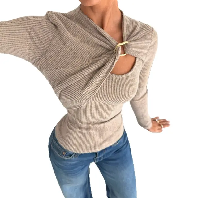 Soft Asymmetric Draped Hollow out Metal Button Decorated Long Sleeve T shirt Khaki - Shop at LoveMi