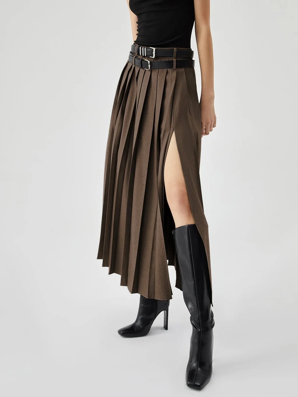 Women's High Waist Slimming Slit Pleated Skirt - Dark Brown