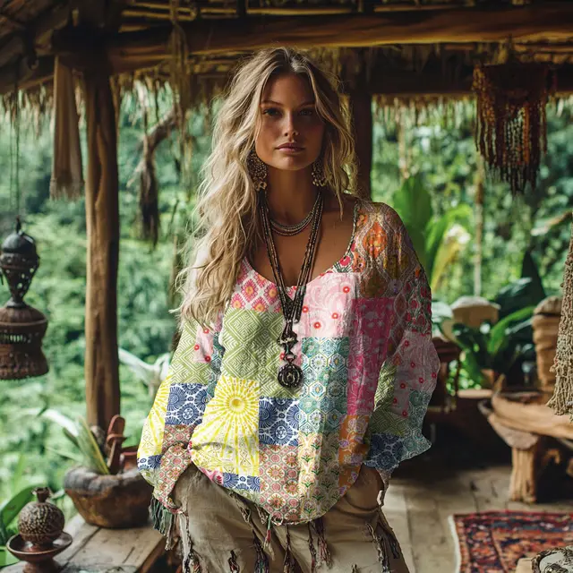 Digital Print Women's Round Neck Retro Bohemian Top Dz209352 - Shop at LoveMi