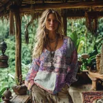 Digital Print Women's Round Neck Retro Bohemian Top - Dz210720-S