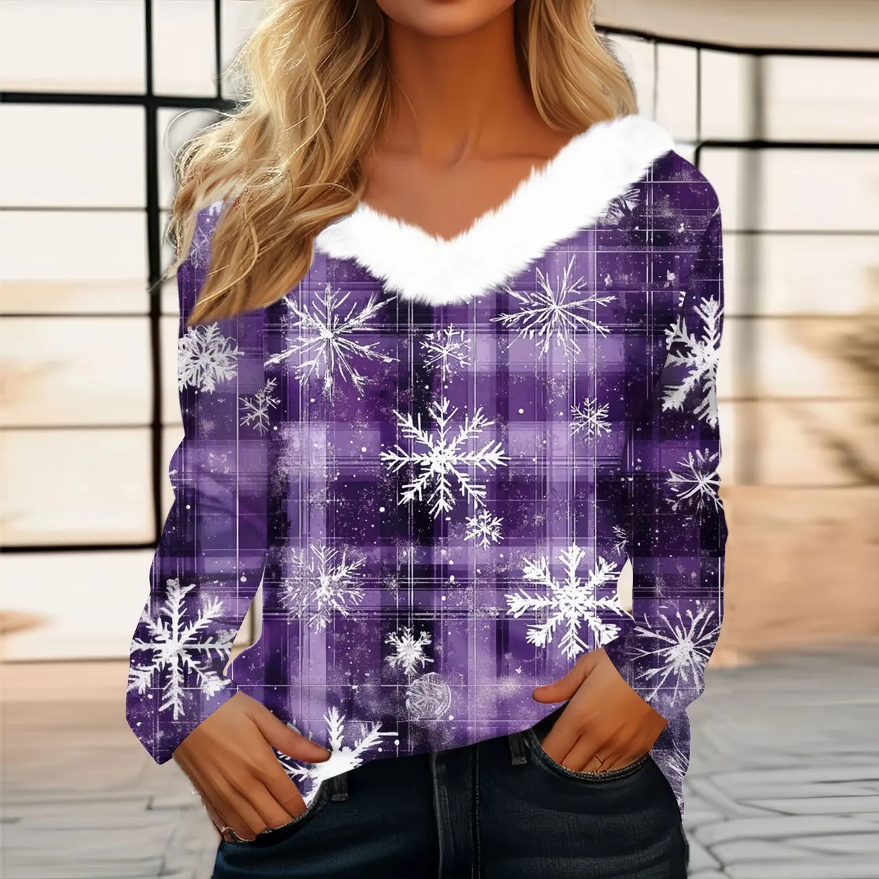 Women's Long Sleeve Christmas Print Party Furry Collar V-Neck Top - Style 7