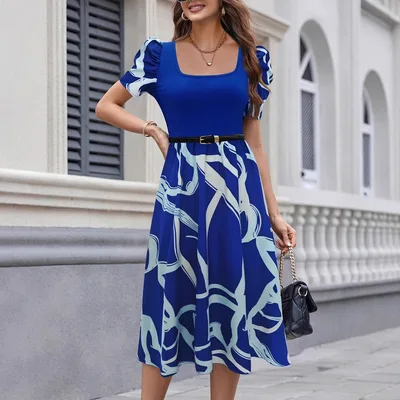 Commuting Knit Printed Stretch Square Neck Slim Short Sleeve Puff Sleeve Dress Blue - Shop at LoveMi