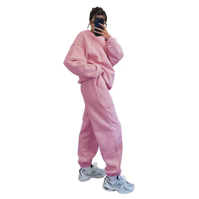 Solid Color Round Neck Long Sleeve Sweatshirt Women's Fashion Casual Loose Pants Suit Pink - Shop at LoveMi