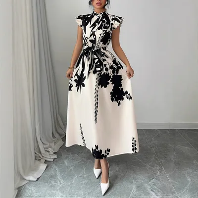 Ethnic Style Printed Small Stand collar Button front Long Dress Apricot Black Flower - Shop at LoveMi