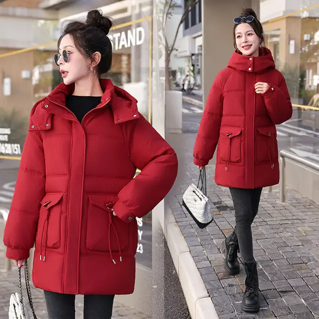 New Women's Winter Korean style Cotton Coat Thick Mid length Red - Shop at LoveMi