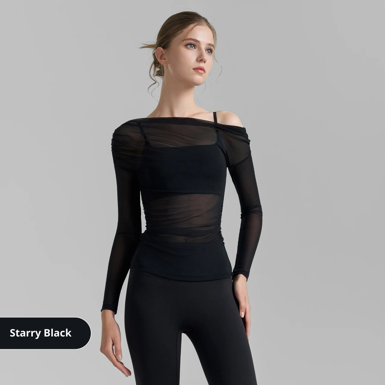 Oblique Shoulder Mesh Yoga Shirt Pleated Sports Top - Starry Sky Black