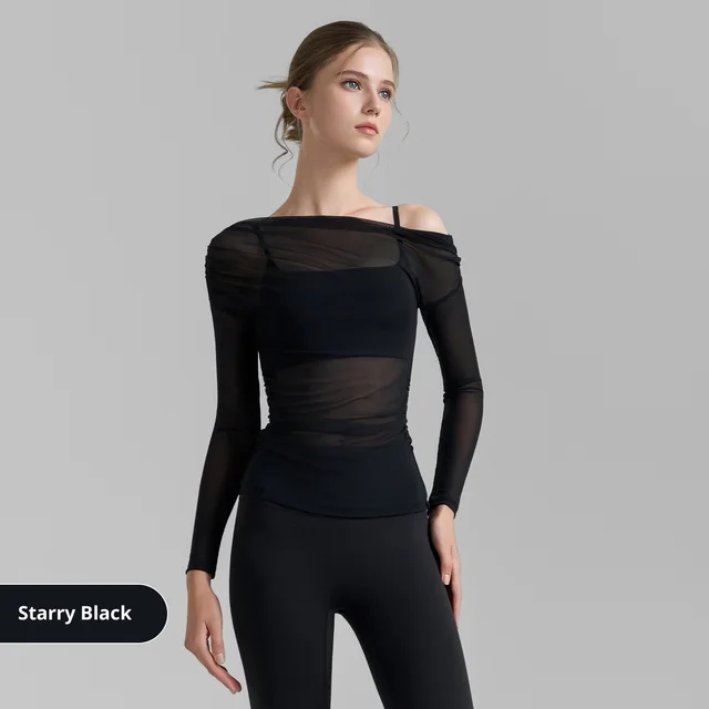 Oblique Shoulder Mesh Yoga Shirt Pleated Sports Top Starry Sky Black - Shop at LoveMi