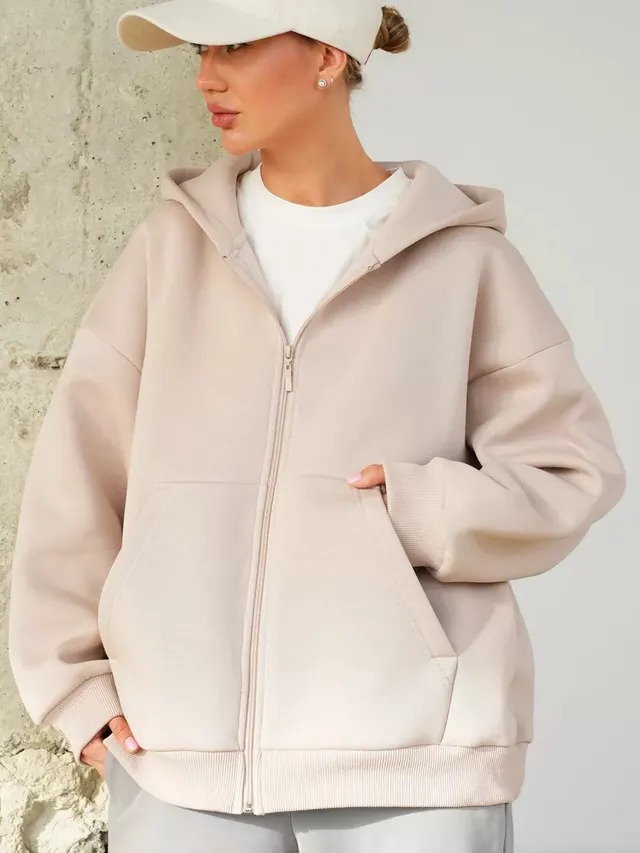 Casual Loose Long Sleeve Hooded Zip up Sweatshirt Apricot - Shop at LoveMi