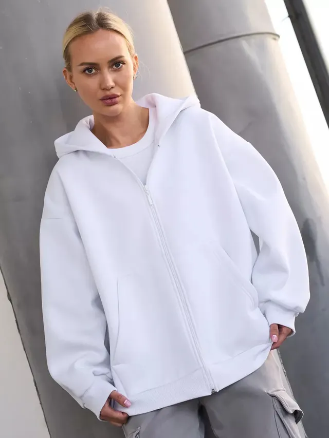 Casual Loose Long Sleeve Hooded Zip up Sweatshirt White - Shop at LoveMi