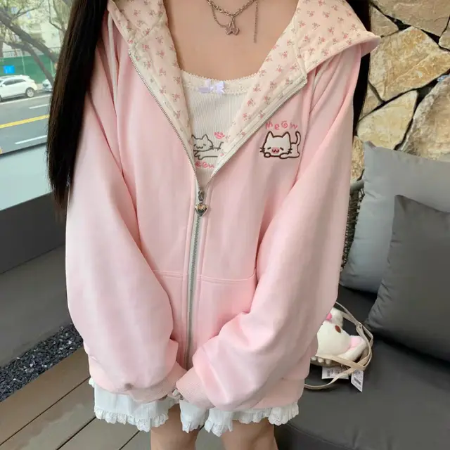 Embroidered Cat Women's Loose Patchwork Plaid Coat Pink - Shop at LoveMi