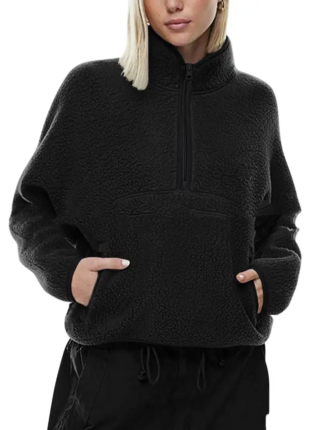 Autumn And Winter Semi zip Stand Collar Pocket Sweatshirt Top Black - Shop at LoveMi