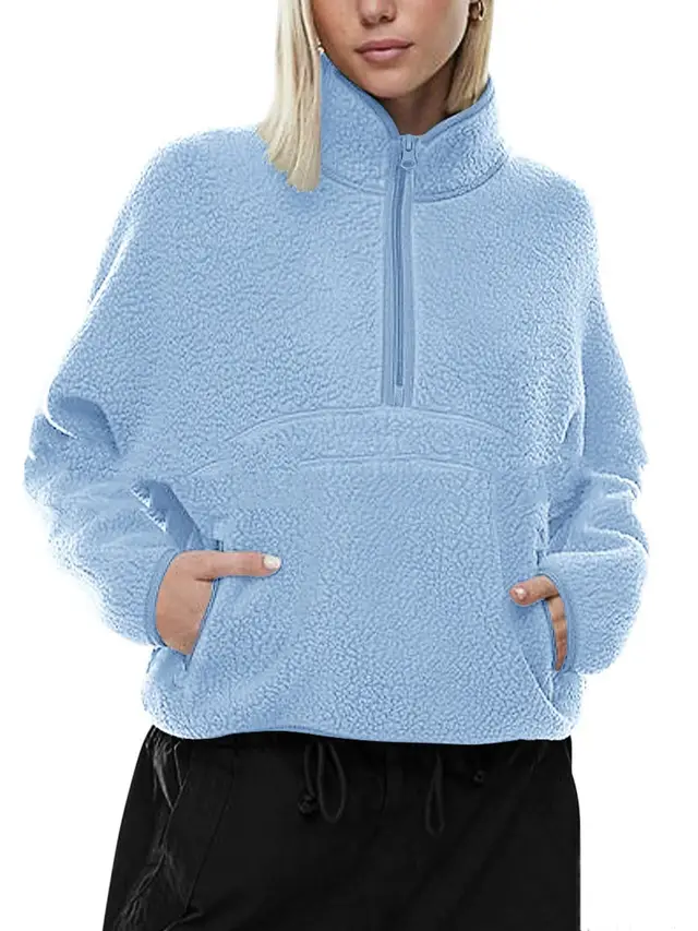 Autumn And Winter Semi zip Stand Collar Pocket Sweatshirt Top Blue - Shop at LoveMi