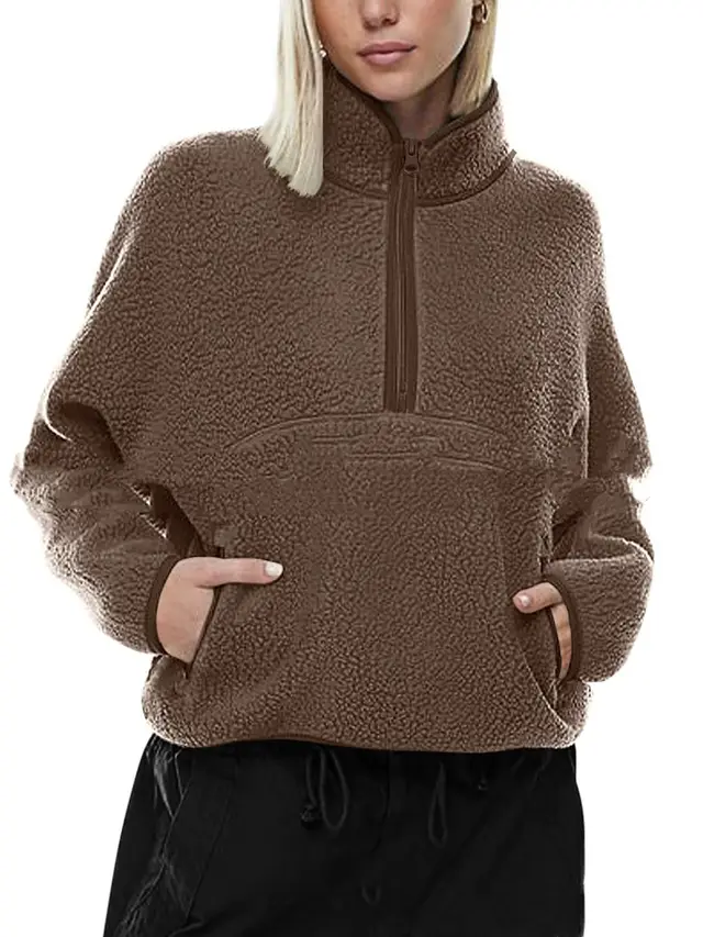 Autumn And Winter Semi zip Stand Collar Pocket Sweatshirt Top Camel - Shop at LoveMi