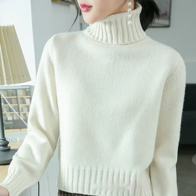 Women's High neck Loose Slim fit Lapel Wool Sweater Base Layer White - Shop at LoveMi