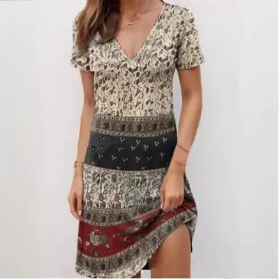 V neck Short sleeved High waist Geometric Print Women's Dress Apricot - Shop at LoveMi