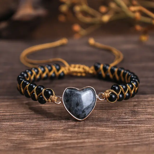 Natural Stone Bracelet Lapis Lazuli Pattern Double row Braided Bracelet Black Flash Heart Bracelet - Shop at LoveMi