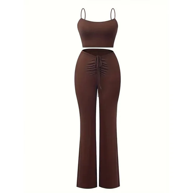 Women's Sexy Halter Crop Top With Drawstring Front And Flared Pants Two piece Set Brown - Shop at LoveMi