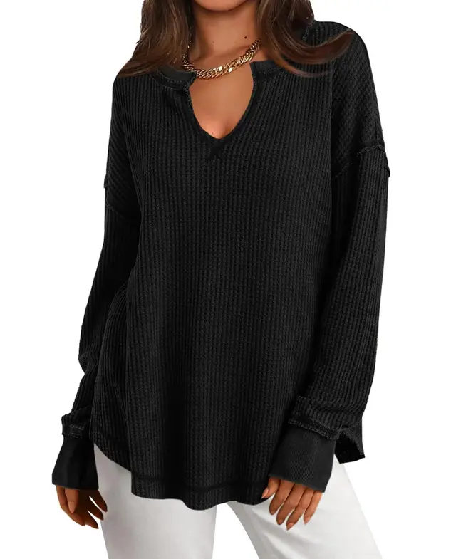 European And American Women's Casual Solid Color Long sleeve V neck Loose Sweater Black - Shop at LoveMi