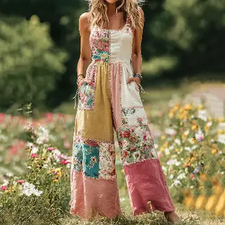 Women's Fresh And Sweet Digital Print Button Suspender Casual Pants - Tjrjddk100