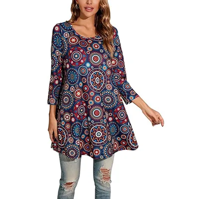 Casual Three quarter Sleeve Floral Flowy Loose Round Neck T shirt A11 - Shop at LoveMi