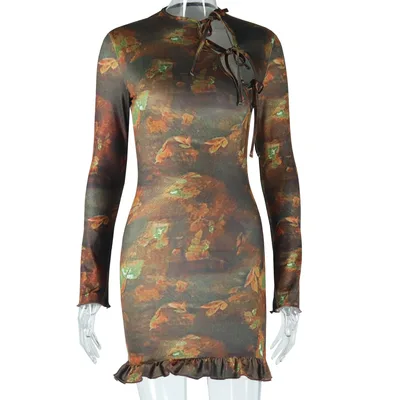 Long sleeved Round neck Hollow out Tie Street Bodycon Dress For Women Dark Brown - Shop at LoveMi