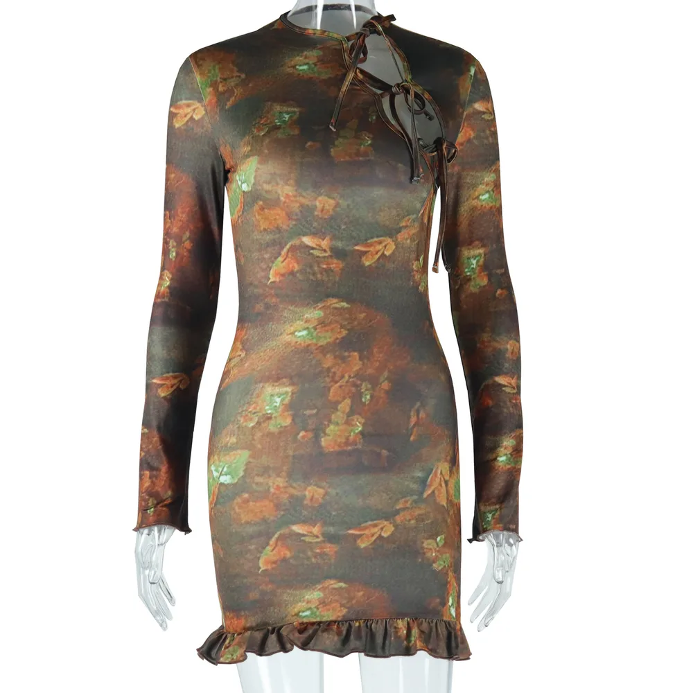 Long-sleeved Round-neck Hollow-out Tie Street Bodycon Dress For Women - Dark Brown - View 1