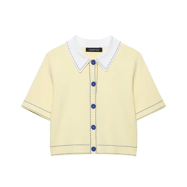 Women's Fashion Polo Shirt Stitched Knit Jacket Beige - Shop at LoveMi