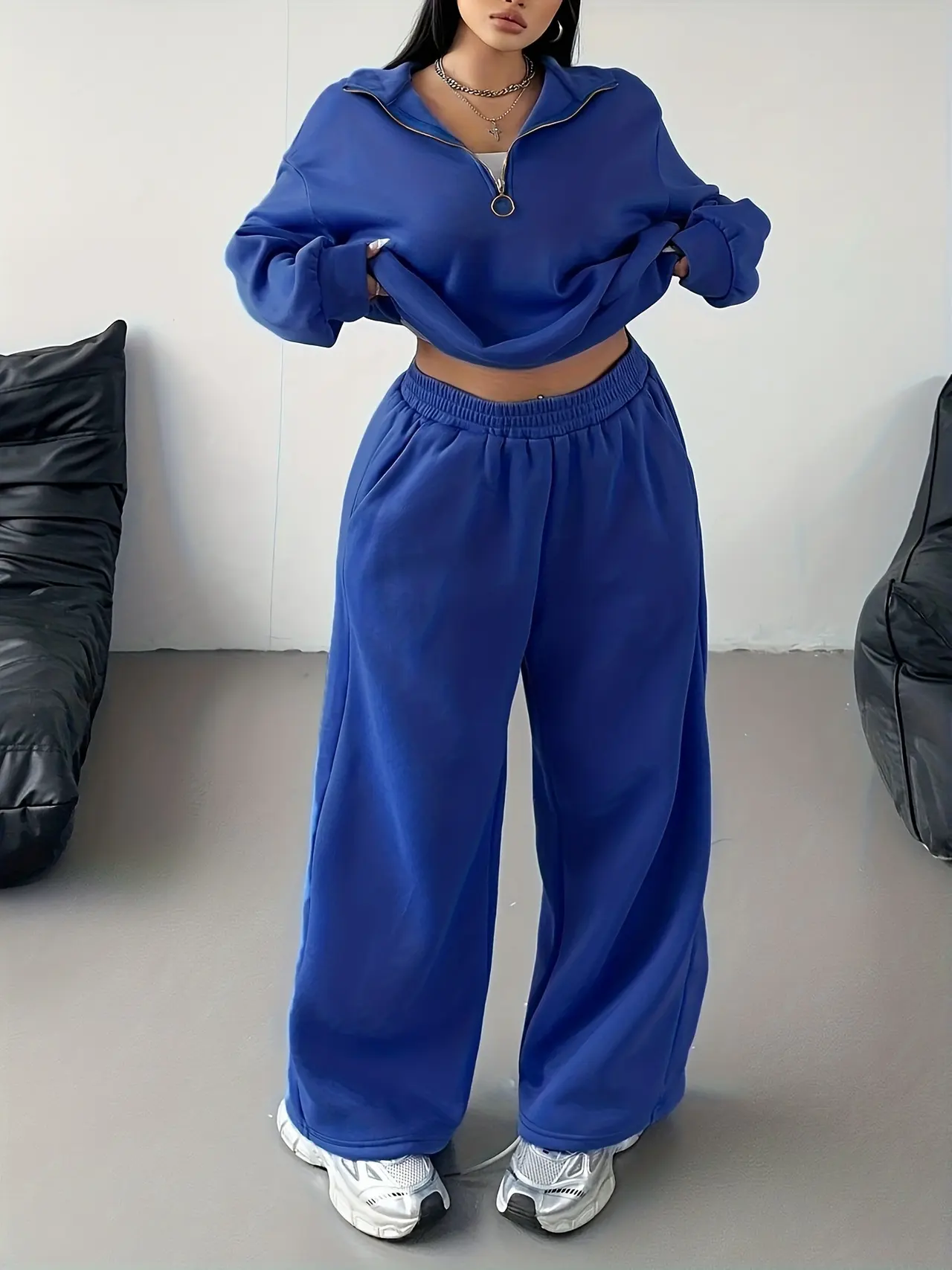 Fashion Half-zip Long-sleeve Top Elastic Loose Straight Suit - Blue